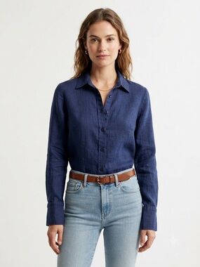 RALSEY Women's Blue 100% Linen Long Sleeve Button Down Shirt Size Small Classic